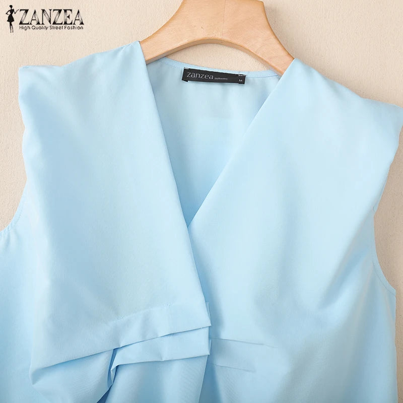 ZANZEA Trendy Pleated Design Women's Blue Tank Tops 2025 Summer Solid Color V-Neck Sleeveless Tops Streetwear 3 Colors S-3XL