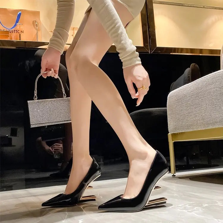 New Women Pumps 2026 Pointed Toe High Heels Ladies Letter Strange Heel Wedges Runway Party Wedding Dress Valentine Shoes