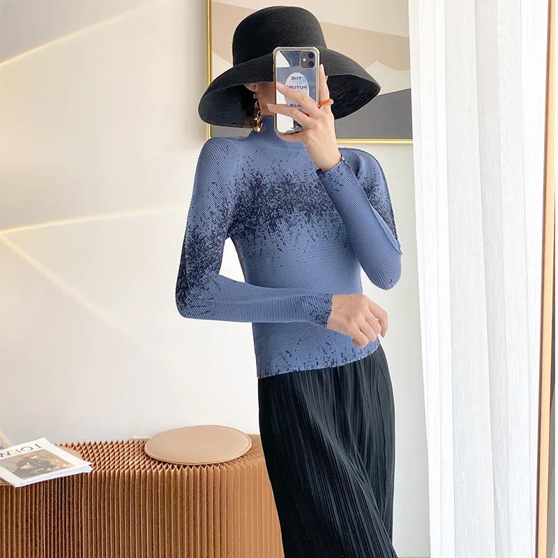 Miyake Pleated Contrasting Colors T-shirt Women Half Turtleneck Skinny Pullover 2025 Summer Fashion Female Clothing