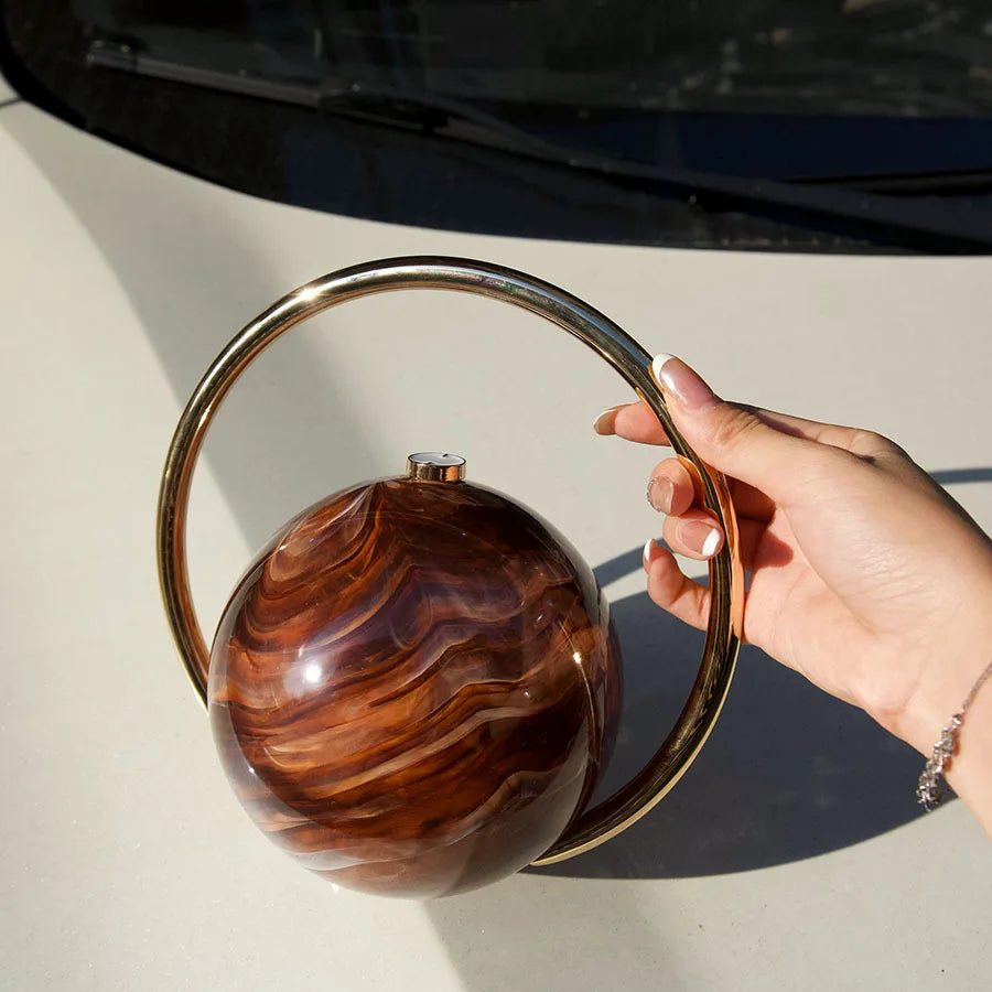 Fashion Marble Pattern Acrylic Round Evening Bag for Women Luxury Designer Metal Handle Lady Handbags Elegant Party Purses 2025
