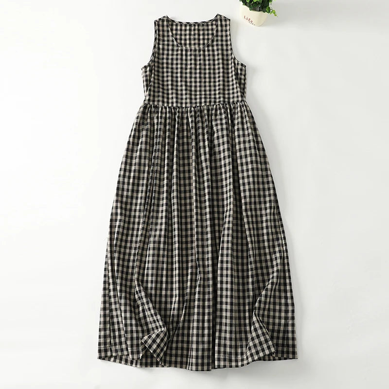 Retro Japanese Sle Linen Plaid Vest Dr Women Summer Loose Cotton Linen Svel Midi Dr A-Line Skirt round Ne
