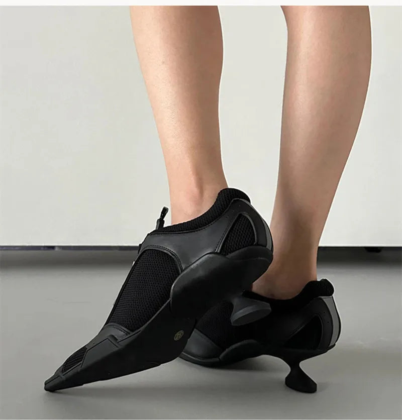 Sport Style Fashion Mixed-color Pointed toe Women Pumps Spring Autumn Breathable Mesh Strange High heels Casual Sneakers Shoes