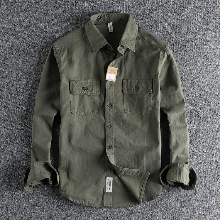 Autumn New American Retro Twill Woven Cargo Shirt Men's Fashion Pure Cotton Washed Old Long Sleeve Double Pocket Casual Blouses