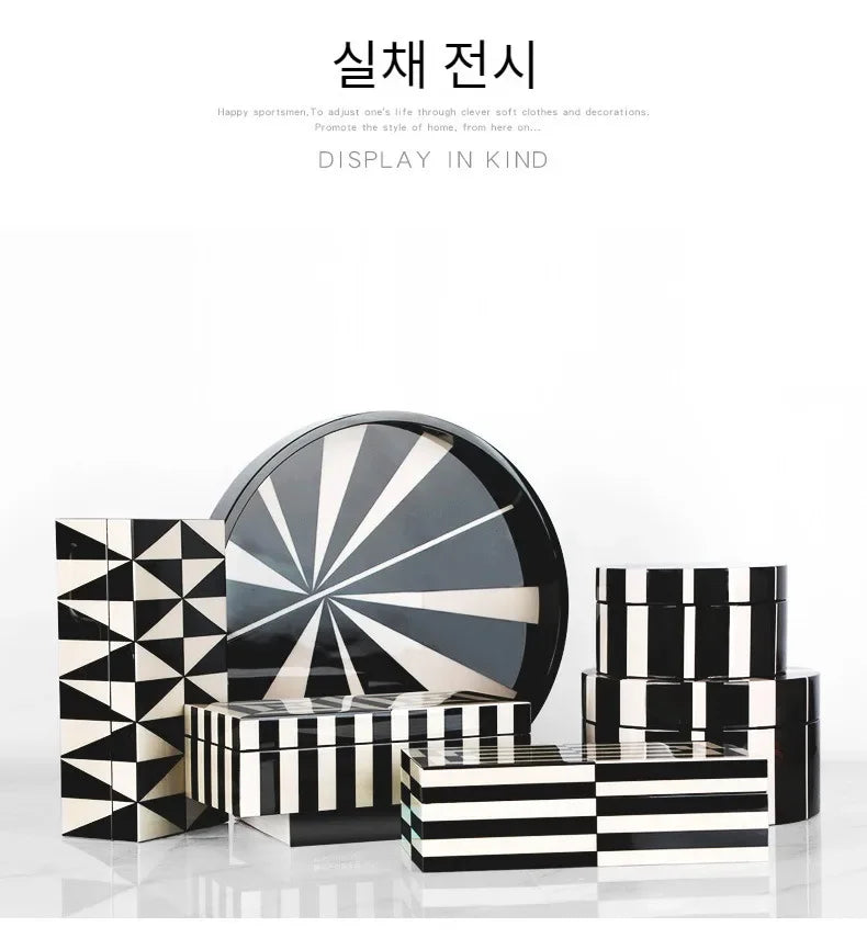 Elegant Glossy Piano Lacquer Home Decor Black White Stripes Jewelry Organizer Box Tray Display Stand Stylish Storage Decorative