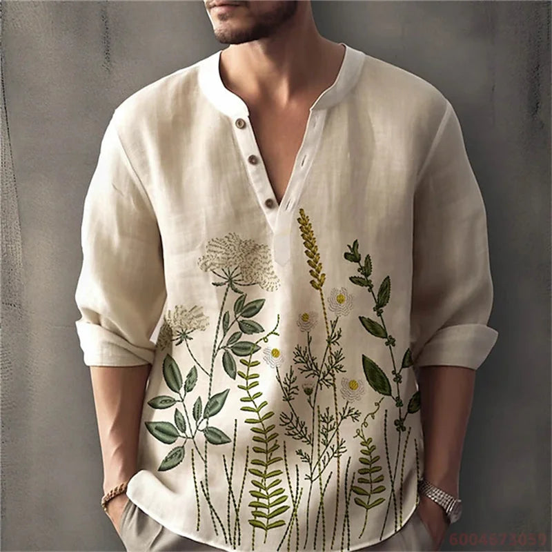 2026 Summer New Men's Fashion Printed Shirt, Henley Collar, Long Sleeve, Ethnic Style, Loose Fit, Breathable, Casual Men's Top