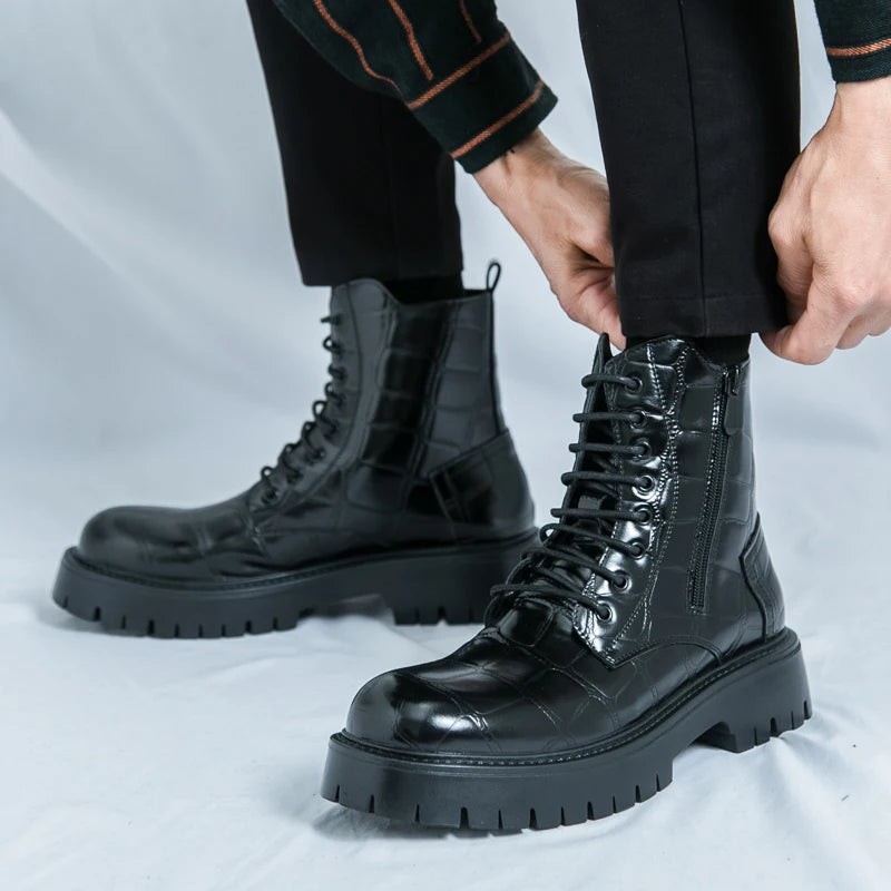 Luxury Brand Men's Autumn and Winter Crocodile Leather Side Zipper High Top Boots Fashionable New Men's Comfortable Short Boots