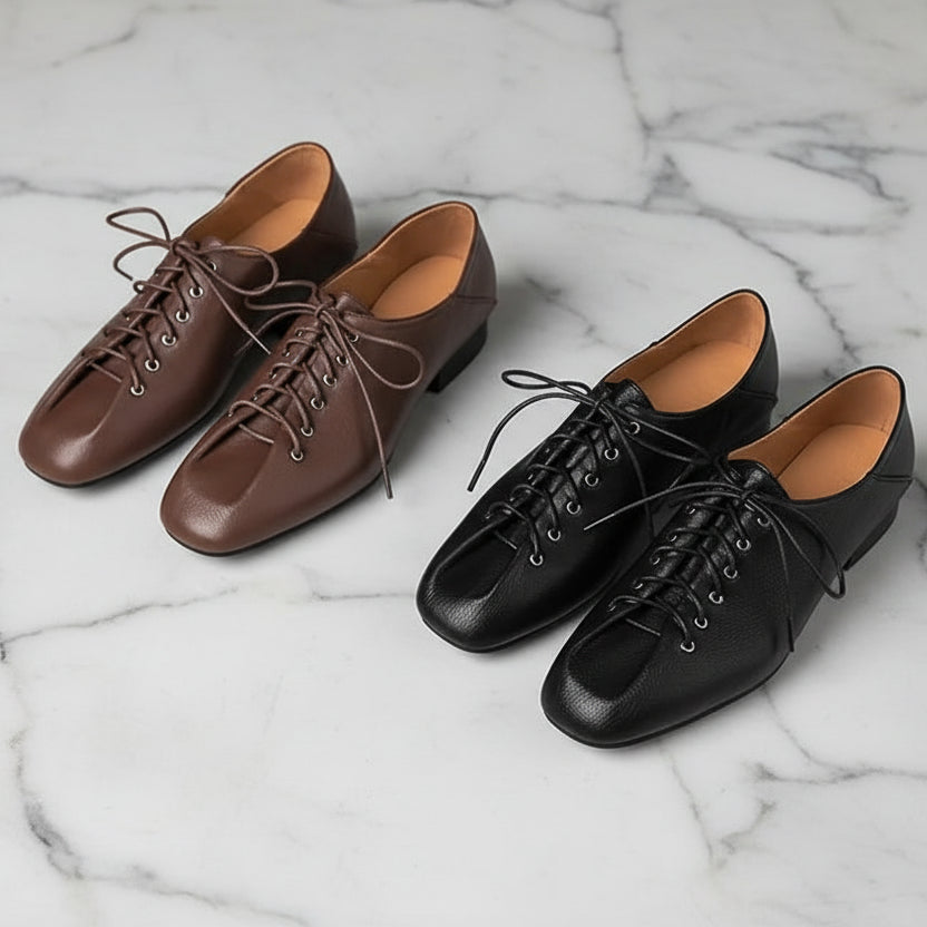 Soft Pumps Women Square Toe Lace Up Young Lady Casual Pumps For Students Low leather heels Heels Shoes
