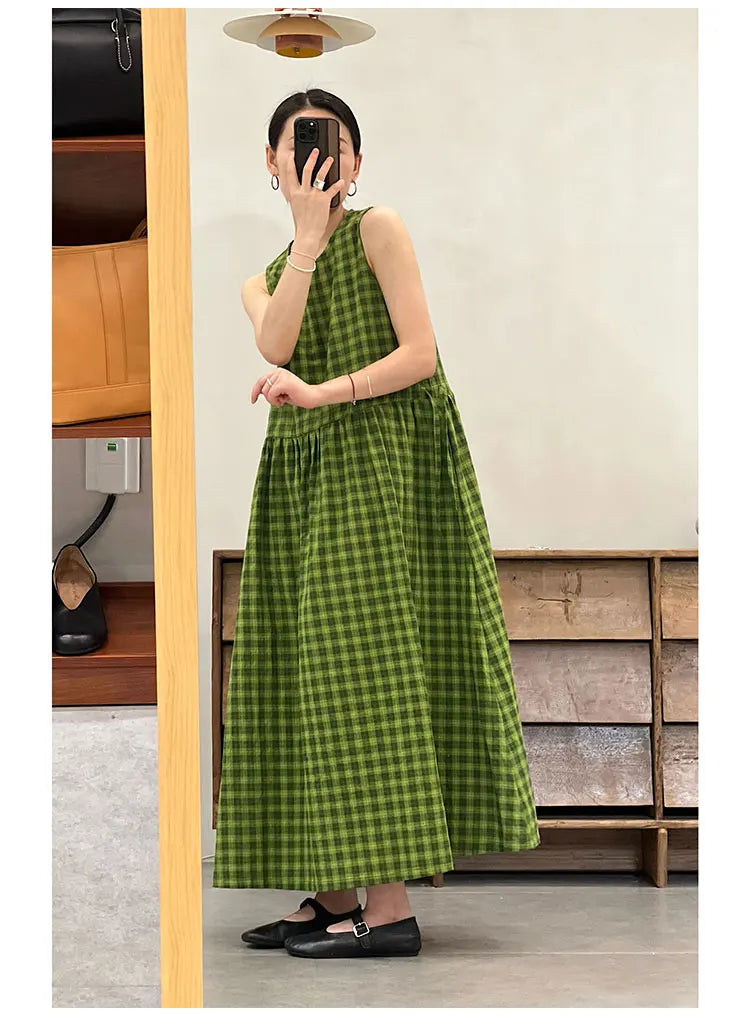 Slimming Plaid Cotton Lin Svel Long Dr Women's plus Size Dstring Waist round Ne Vest Skirt Commute Sle Summer...