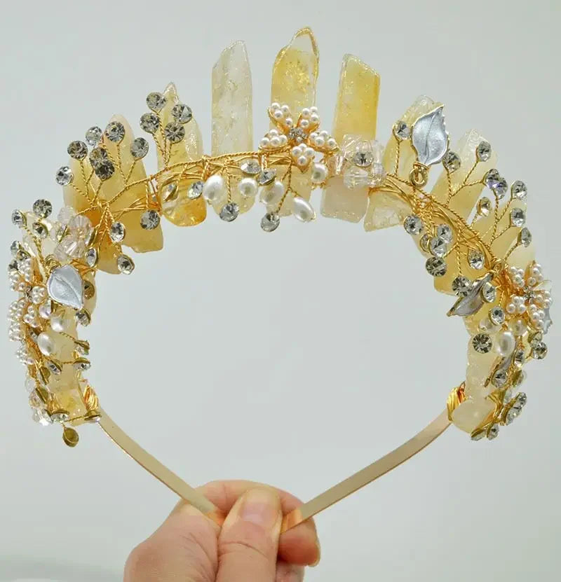 Natural Amethyst Quartz Crown Raw Stone Wand Hairpin with Flower Rhinestone Hand Crafted Women Hair Band for Party Birthday Gift