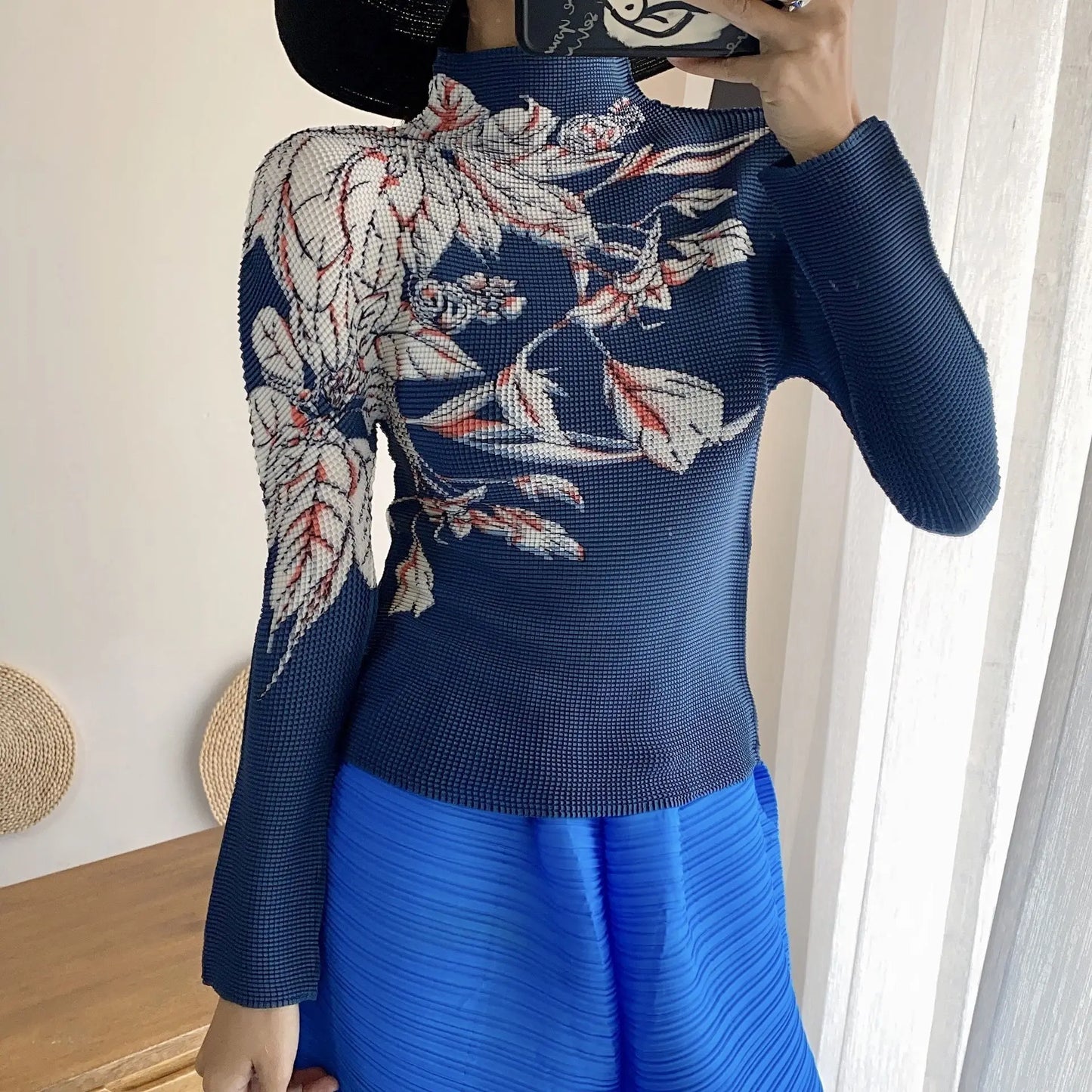 Miyake Pleated Contrasting Colors T-shirt Women Half Turtleneck Skinny Pullover 2025 Summer Fashion Female Clothing
