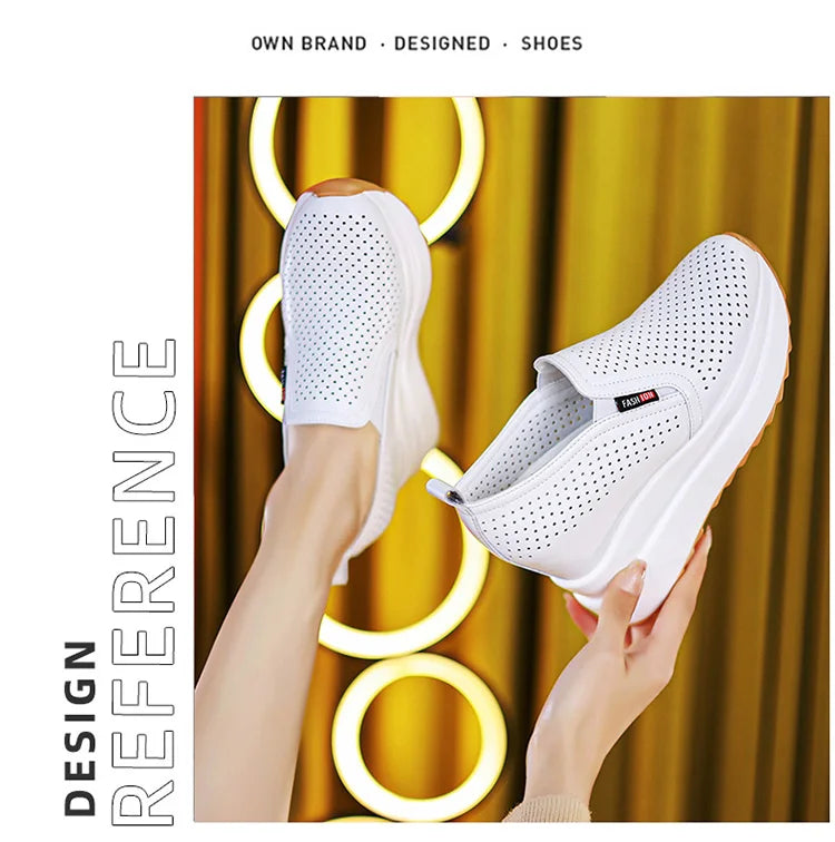 10cm Microfiber Platform Heel Wedge Shoe Sneakers Pumps White Platform Air Mesh Hollow Pumps Shoes Summer Women Zapatos de Mujer
