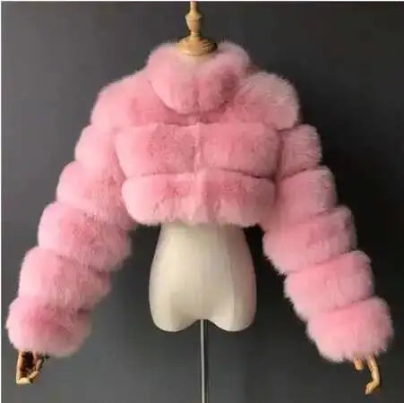 DEAT Fashion Women's Faux Fur Coat Stand Neck Long Sleeve Zipper Short Solid Color Thick Warm Jackets Winter 2024 New 7AB6434