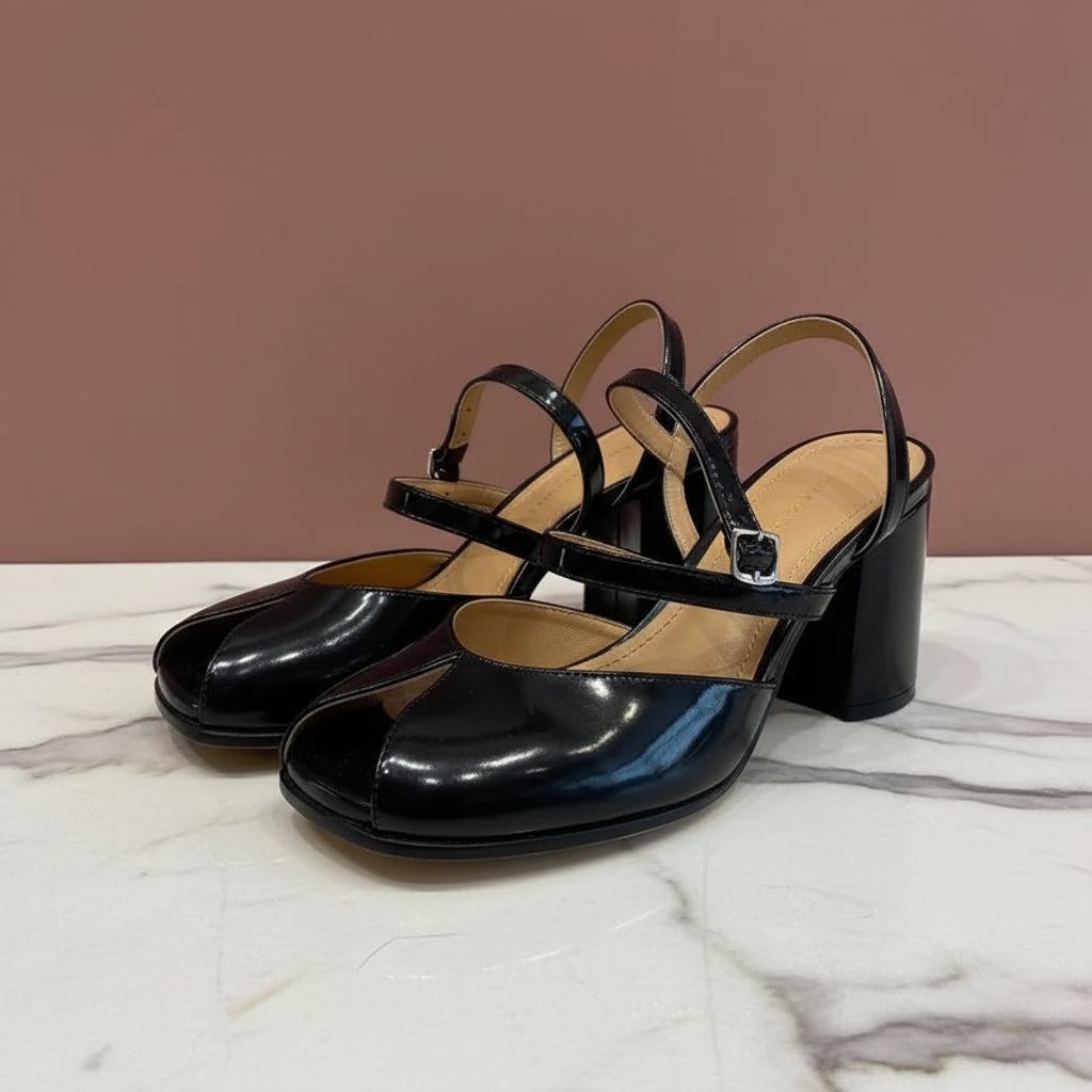 2025 New Fashion Patent Leather Cross Strap Tabi Women Sandals Summer Slingbacks Split toe Thick High heels Chunky Shoes Sandals