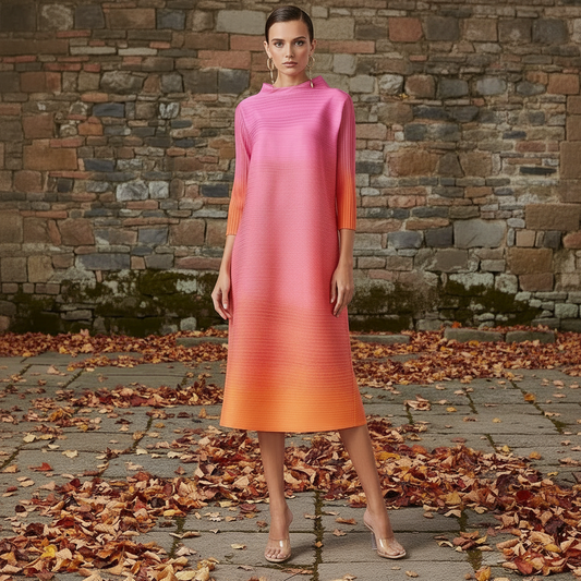 YUDX Miyake Elegant Gradient Pleated Dress Turtleneck Full Sleeves Pink Orange Fashion Mid-Calf Dresses For Women 2025 New