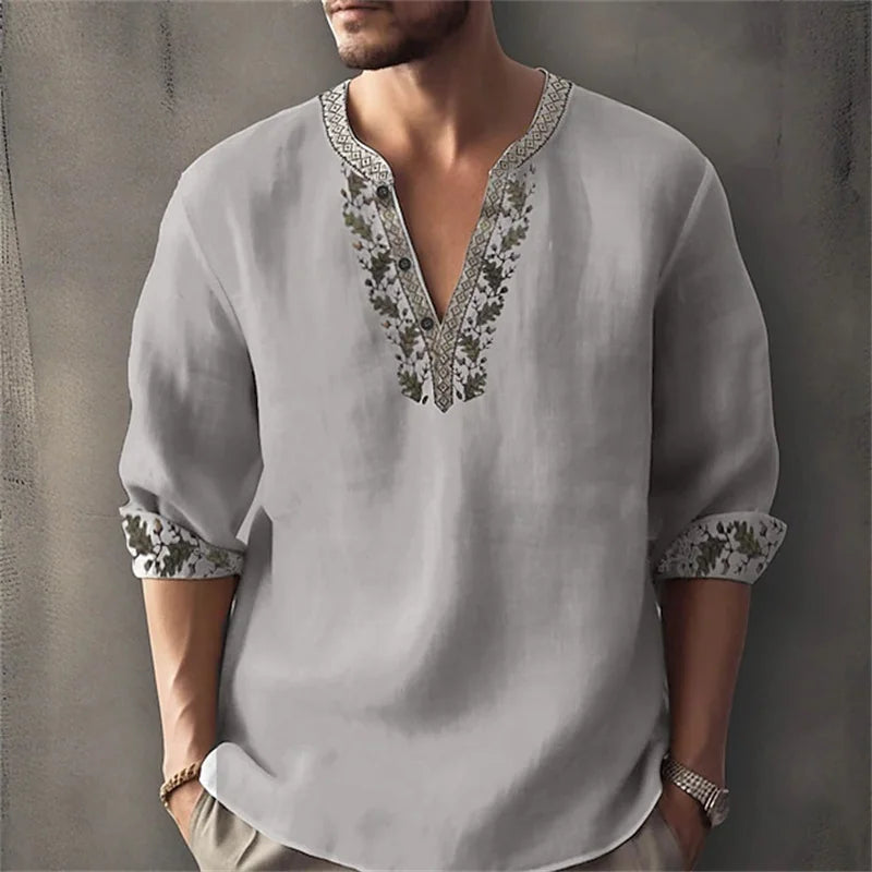 2026 Summer New Men's Fashion Printed Shirt, Henley Collar, Long Sleeve, Ethnic Style, Loose Fit, Breathable, Casual Men's Top