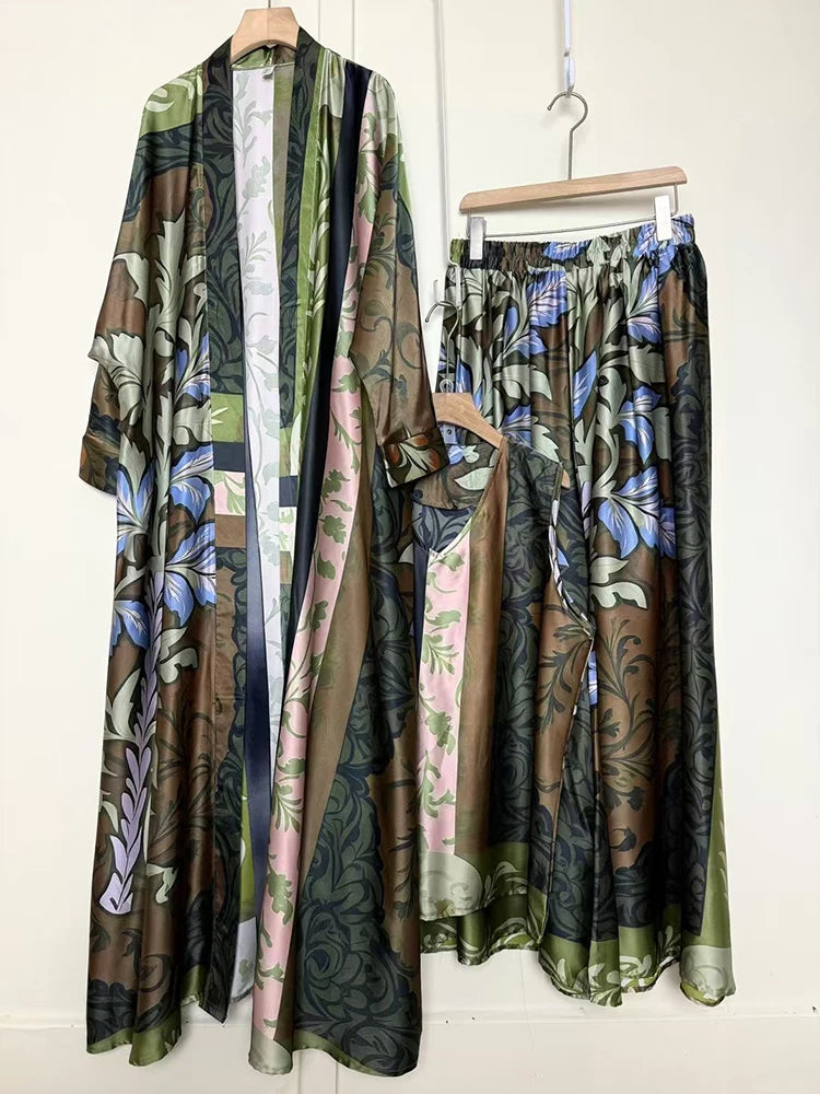 Retro positioning printed long cardigan+vest three piece set 2026 spring women's clothing+loose pants skirt fashion set