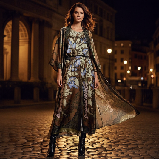 Retro positioning printed long cardigan+vest three piece set 2026 spring women's clothing+loose pants skirt fashion set