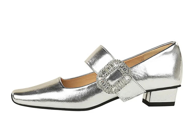 European American Style Banquet Suede With One Strap Marie Zhen Rhinestone Thick Heel Low Heel Square Toe Single Women Shoes