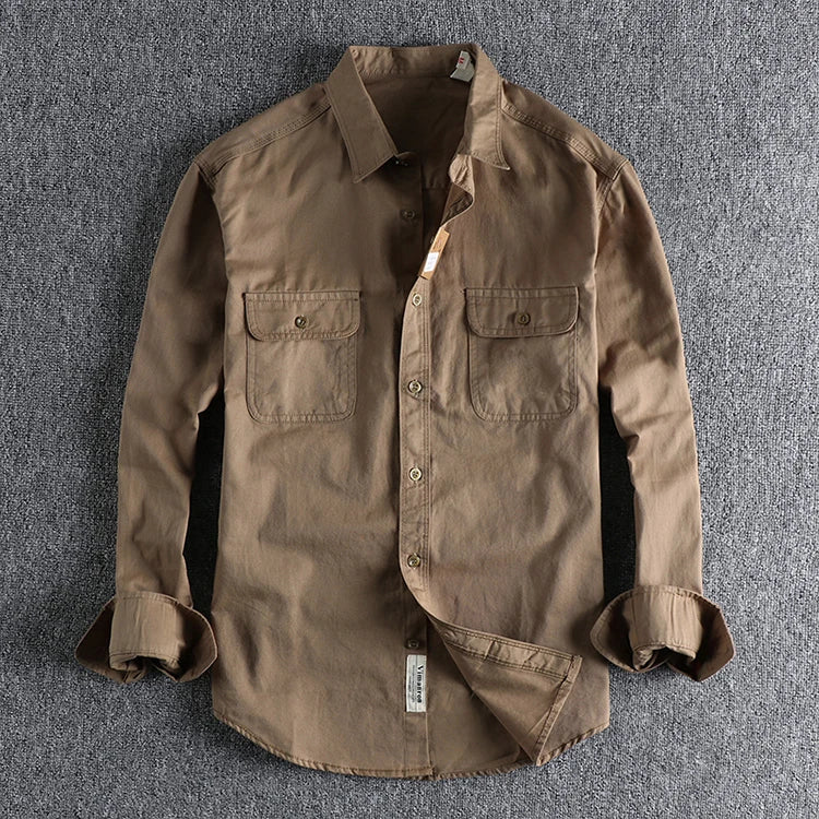 Autumn New American Retro Twill Woven Cargo Shirt Men's Fashion Pure Cotton Washed Old Long Sleeve Double Pocket Casual Blouses