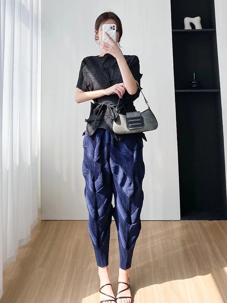 Miyake Pleated Pants Women Elastic Wiast 2023 New Summer Versatile Casual Pencil Trousers Solid Color Female Fashion  Pants