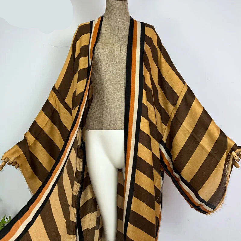 WINYI Kimono Africa Summer Boho Stripe Print Beach Swimwear Elegant Cardigan Sexy Holiday Maxi Beach Wear Swimsuit Evening Dress