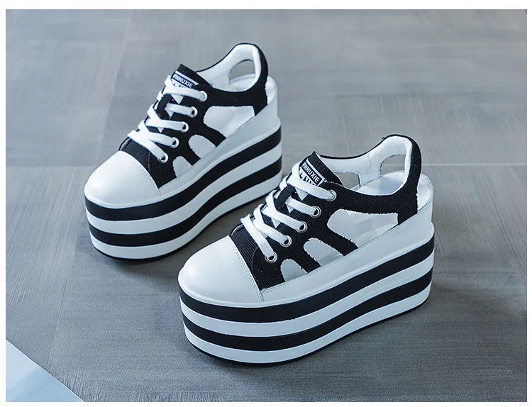 Fujin 12cm Platform Wedge Shoes Sandals for Women Sneakers Summer Shoes Hollow Cut Summer Sneakers Genuine Leather