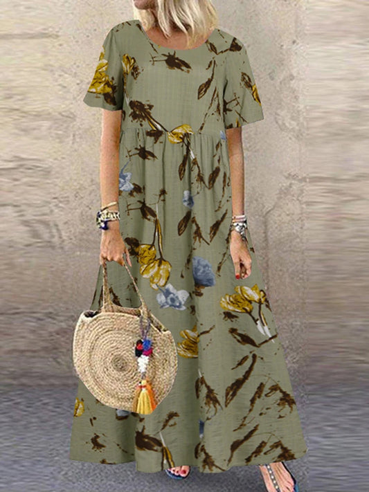 ZANZEA Summer Maxi Dress Women's Vintage Printed Sundress Casual Loose Short Sleeve Vestidos Vacation High Waist Robe Femme 2024