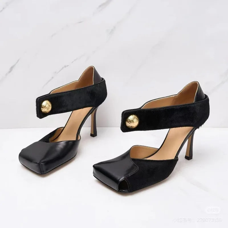 Vintage Square toe Patchwork Leather Women Pumps Fashion Spring Autumn Mary Janes Horsehair Stiletto High heels Party Prom Shoes