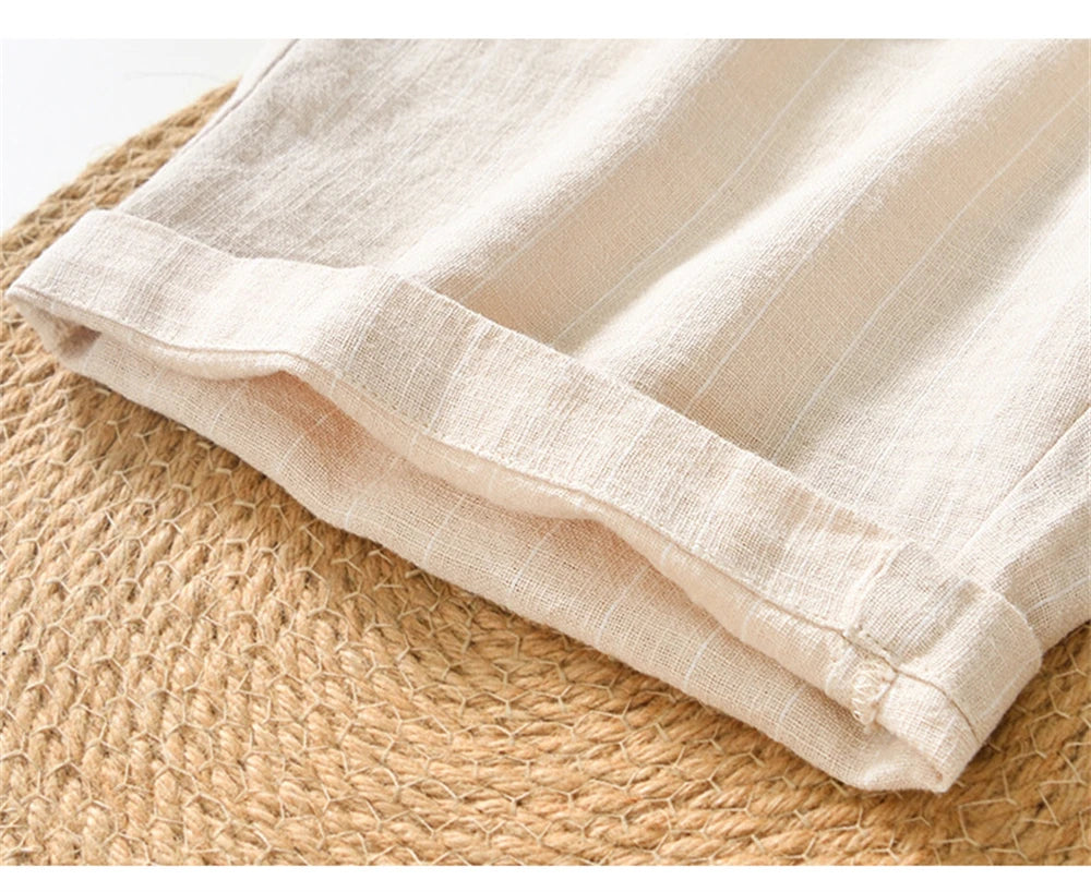 Summer cotton linen men's beach shorts loose fit breathable ramie striped straight daily causal pants for men