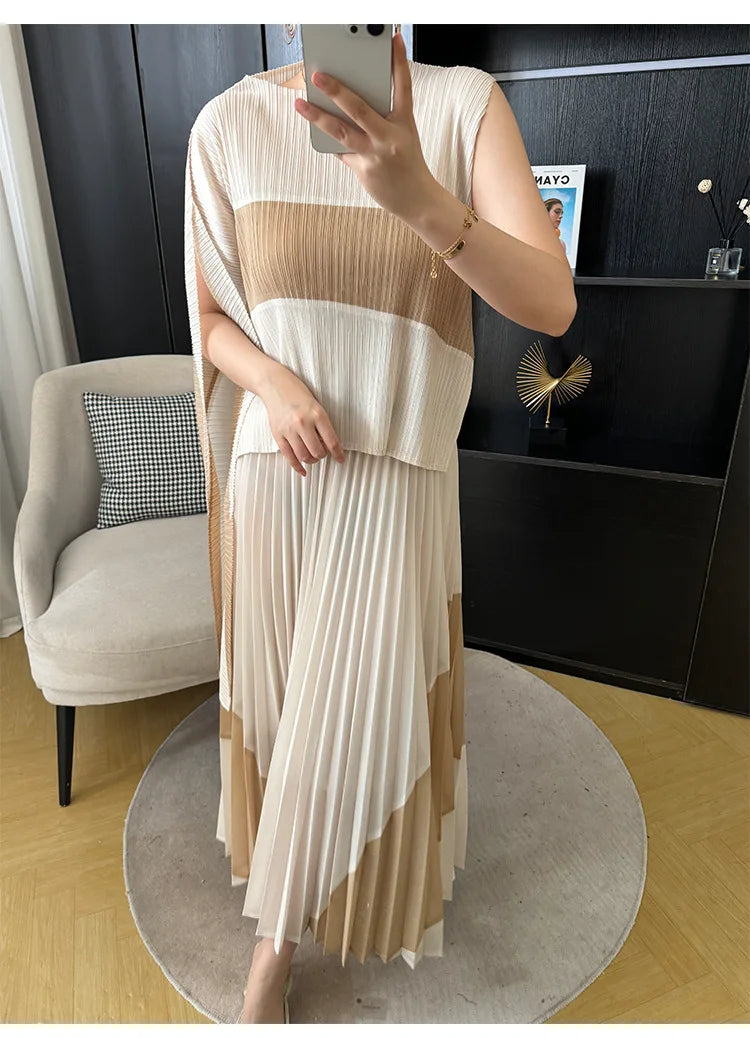 Miyake Pleated Two Piece Skirt Sets Women Sleeveless Irregular T-shirt Long Contrasting Color Skirt