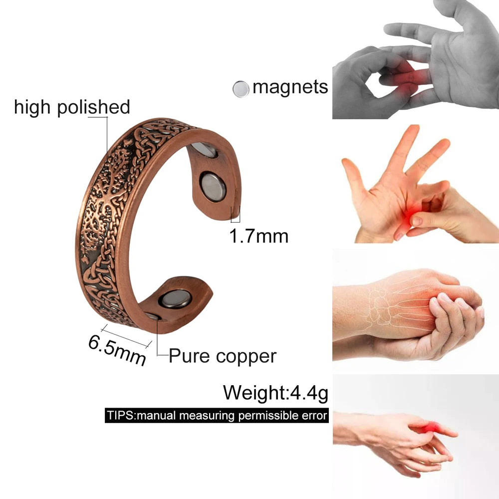 Vinterly Pure Copper Magnetic Rings Lucky Tree Vintage 6.5mm Health Energy Finger Cuff Adjustable Jewelry High Magnet Resizable