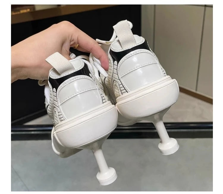 Summer Adult Girls High Heeled Dad Shoes Women Spring Versatile Breathable Lace up Casual Shoes Fashion Sports Mesh High Heels