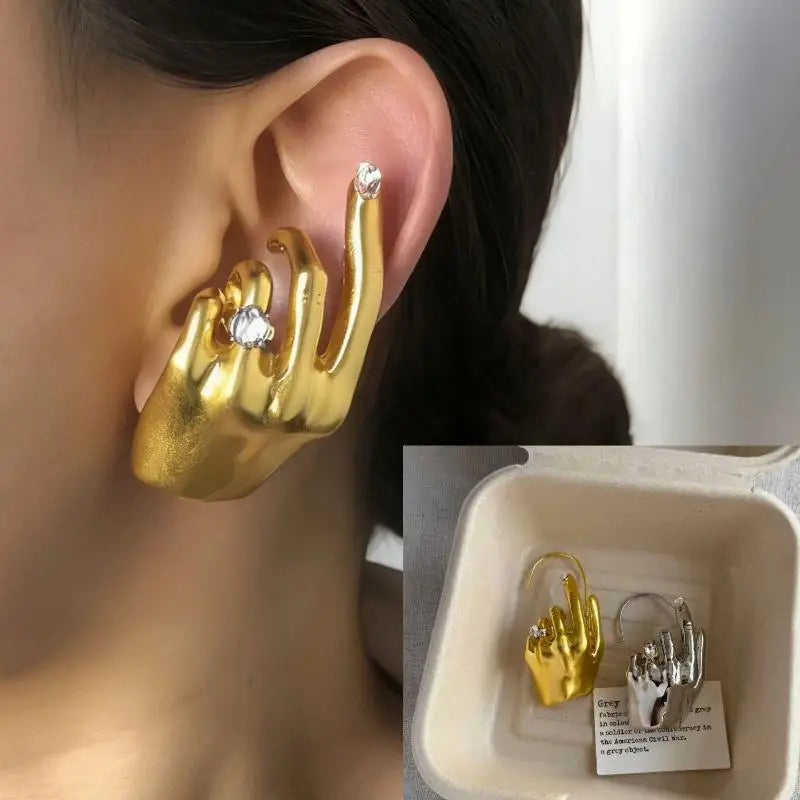 1Pcs Novelty Design Metal Hand Left Earcuff Dangle Earrings For Women Jewelry Fashion Show Statement Earrings Accessories