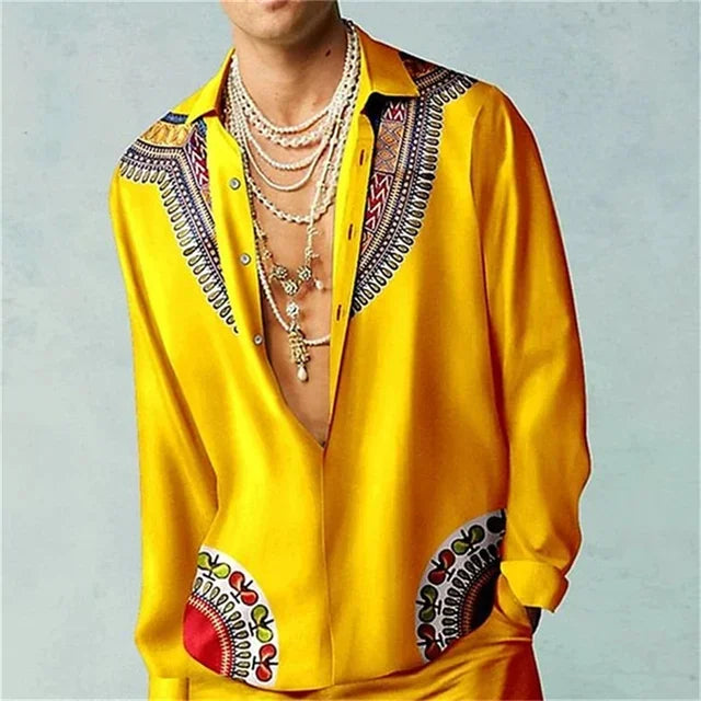 Casual Simple Long Sleeve Shirt Men's Fall Men's Shirt Long Sleeve Men's Ethnic Style Graphic 3d Print Holiday Button Men's Shir