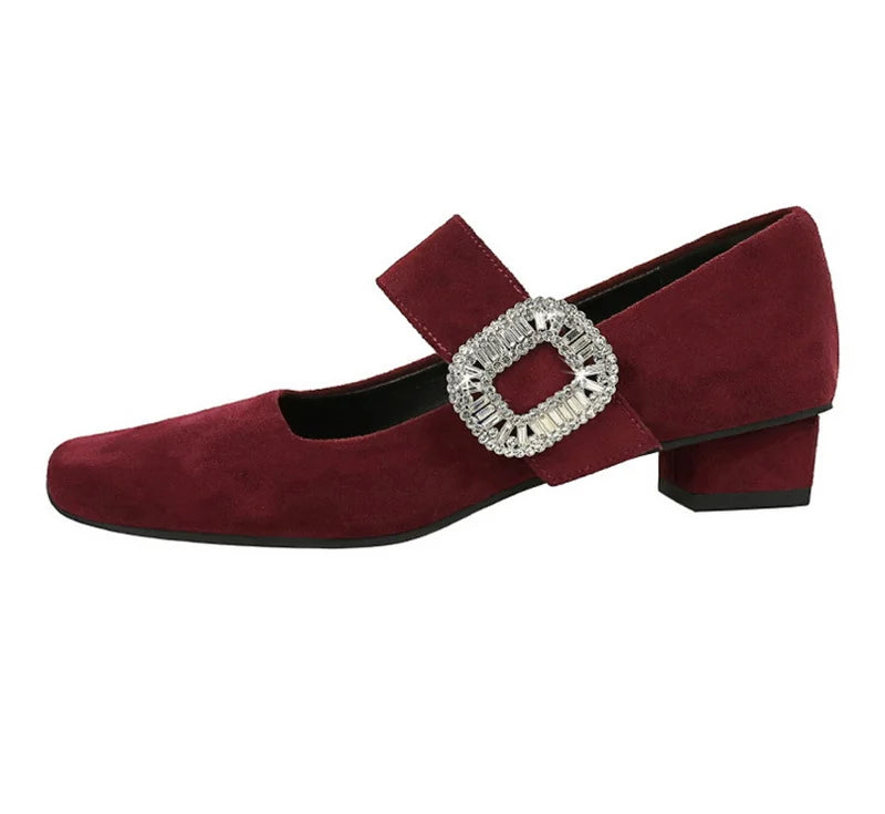 European American Style Banquet Suede With One Strap Marie Zhen Rhinestone Thick Heel Low Heel Square Toe Single Women Shoes