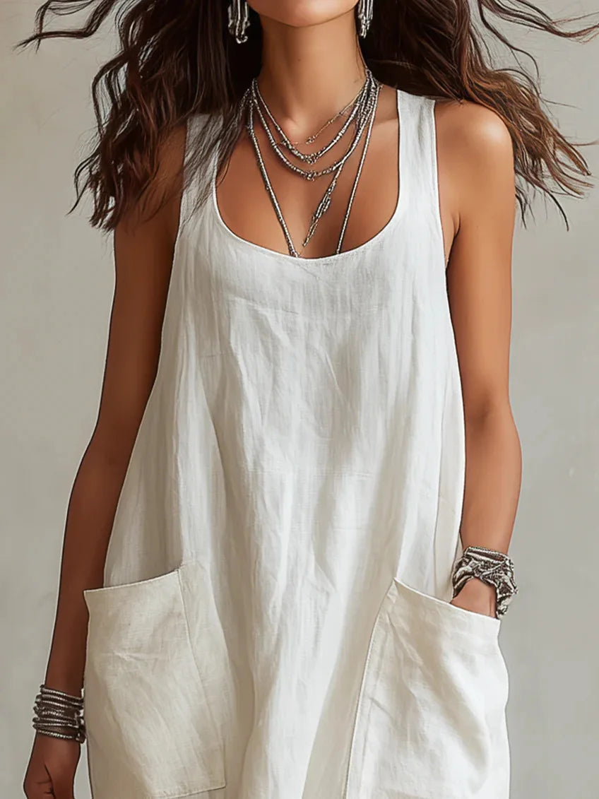 Women's Cotton Linen Square Neck Maxi Dress with Pockets Spaghetti Strap Sleeveless Loose Vacation Beach Long Sundress S-2XL