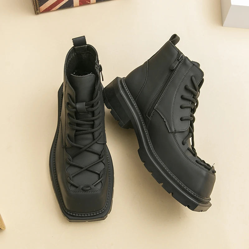 Autumn New Men Comfortable Lace Up Side Zipper High Top Leather Shoes Fashion Brand Round Toe Thick Soled Non Slip Outdoor Boots