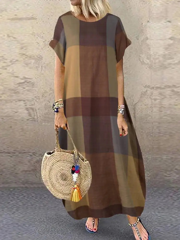 ZANZEA Bohemian Plaid Checked Sundress Summer Short Sleeve Long Dress Fashion Holiday Party Vestido Femme Casual Loose Robe 2025