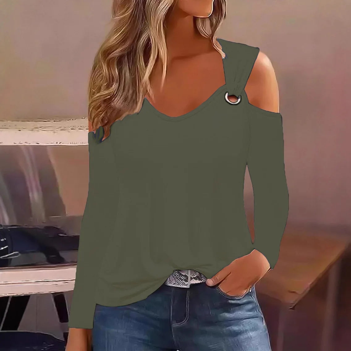 Womens Floral Print Cold Shoulder Long Sleeve Top Ring Strap V Neck Loose Casual Daily Commute Fashion Blouse