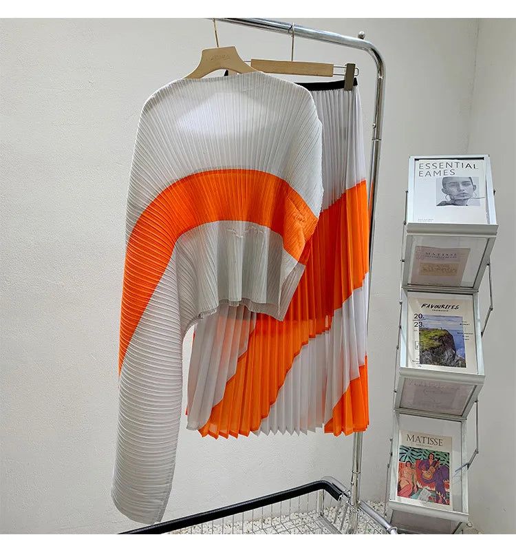 Miyake Pleated Two Piece Skirt Sets Women Sleeveless Irregular T-shirt Long Contrasting Color Skirt
