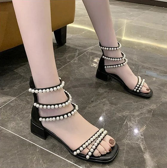 Pearl with Medium Heels Summer 2025 Women's Shoes Sandals for Woman Square Footwear Black Comfort Anti Slip Hot Vip The Best H F