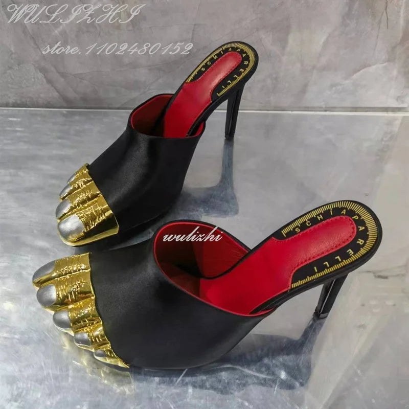 Black Strappy Gold Round Toe Five-Finger Sandals Girl Stiletto Ankle Straps Summer Suede Hollow Heels Catwalk Street Style Shoes