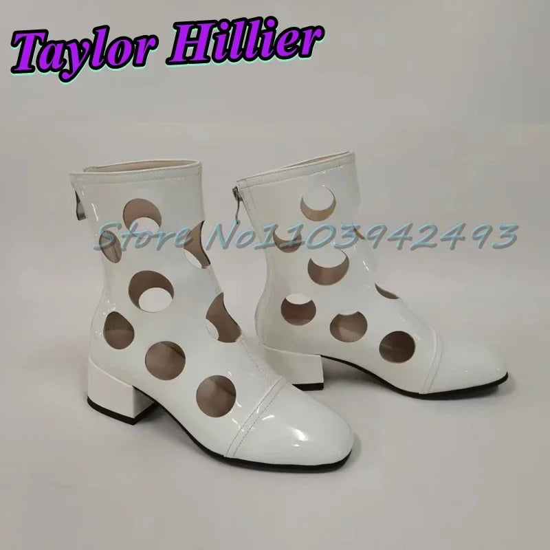 Silver Hollow Heeled Sandals Round Toe Heels Women Designer Luxury Shoes Spring Summer Hole Boots Ankle Short Boots Size Zipper