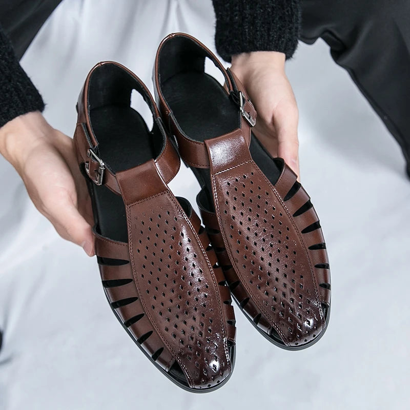 Brand's New Men's Summer Oversized Breathable Sandals Retro Pointed Men's Fashion Trend Hollowed Out Comfortable Leather Shoes