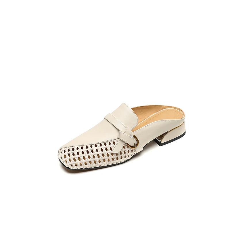 Dilalula 2025 Genuine Leather Hollow Women Mules Covered Toe Low Thick Heels Casual Slippers Ladies Summer Walk Belt Mesh Slides