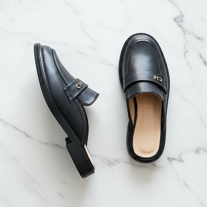 Spring Summer 2026 New Genuine Leather Slippers Women Mixed Color Covered Toe Fashion Mules Ladies Low Heels Slippers