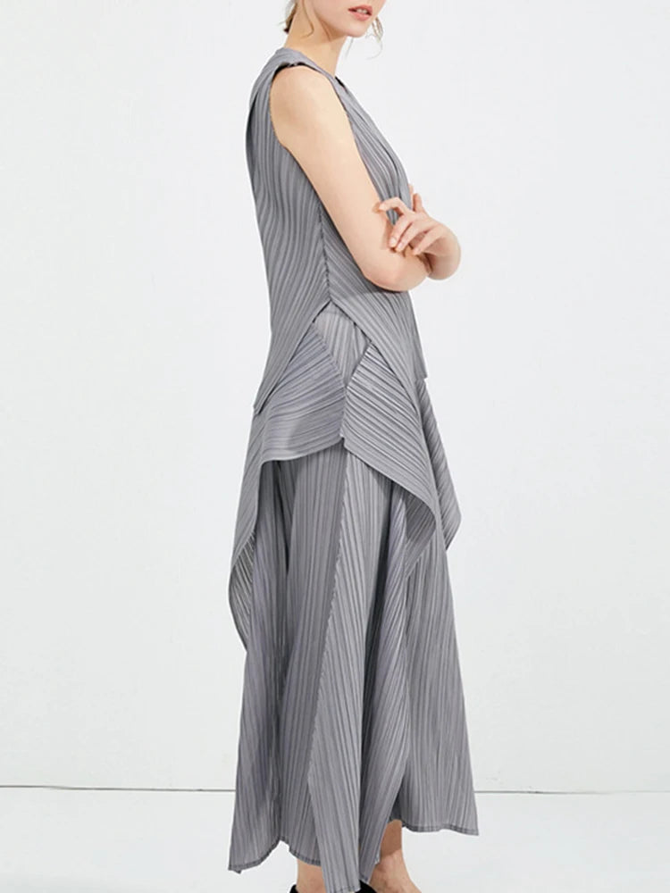 Miyake Irregular Designer Pleated Two Pieces Set Women Sleeveless Elegant Top Wide Leg Loose Trousers Summer Lady Clothing