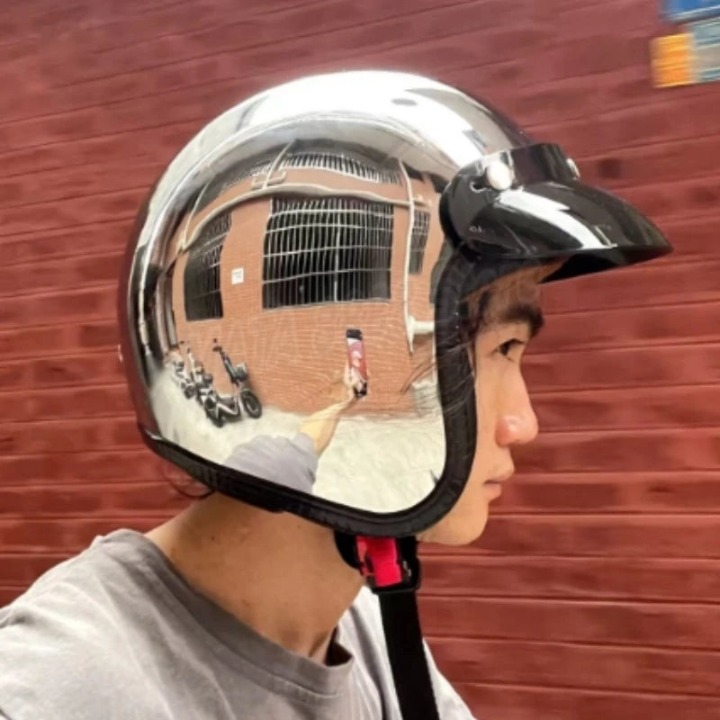 HOT Unique Silver Plating Open Face Retro Motorcycle Helmet Vintage Moto Chrome Helmet Sliver Jet Moto 3/4 Half Casco Casque