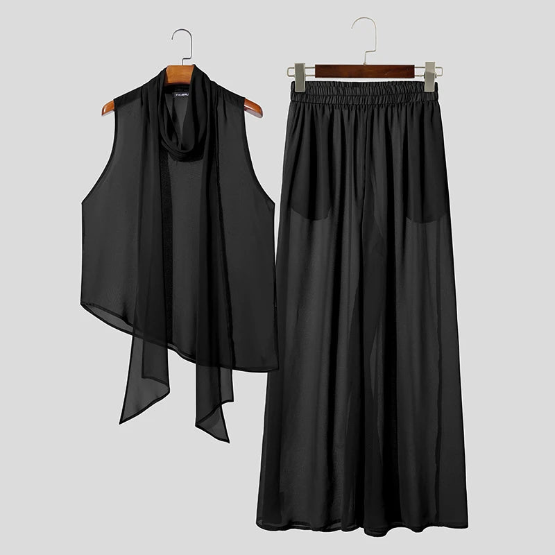 INCERUN Men's Sets Solid Chiffon See Through Sleeveless Irregular Tank Tops Pants Two Piece Sets Oversize 2026 Men Matching Sets