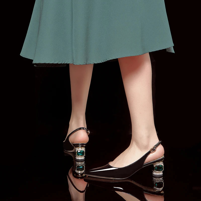 Dilalula 2025 Patent Cow Leather Crystal Heels Sandals Women Pointed Toe Office Ladies Party Dating Wedding Sandals Plus Size